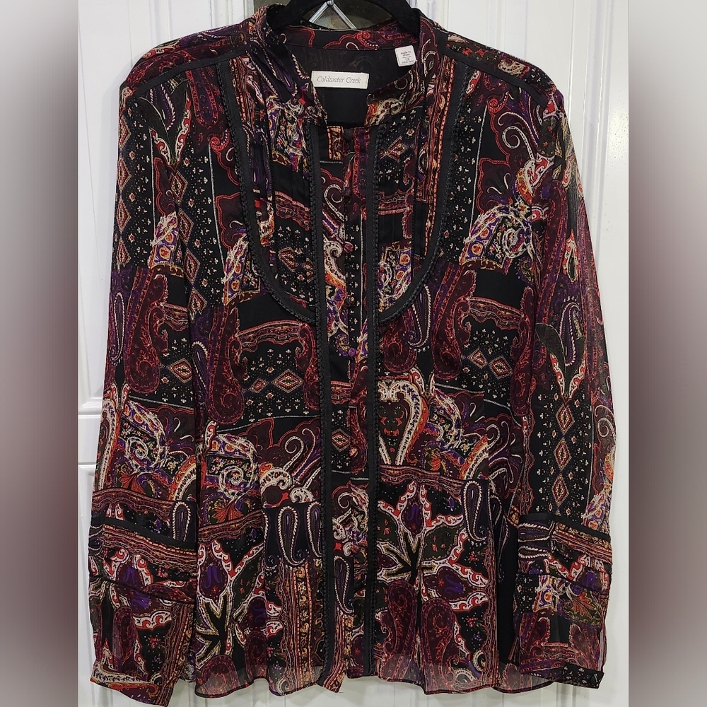 Coldwater Creek Black Chiffon Blouse Colorful Paisley Print Women's 1x